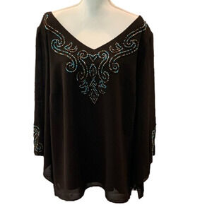 S.L. FASHIONS Chocolate Brown Turquoise Beaded Blouse